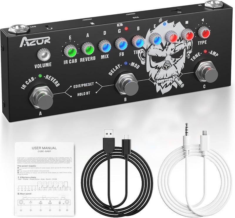 Azor Multi Effects Guitar Pedal with 3 Preset,8 IR Cab 9 AMP Models, Reverb Delay Overdrive, Distortion and Tuner for Electric Guitar, Rechargable Multi Effect Pedal - Image 1